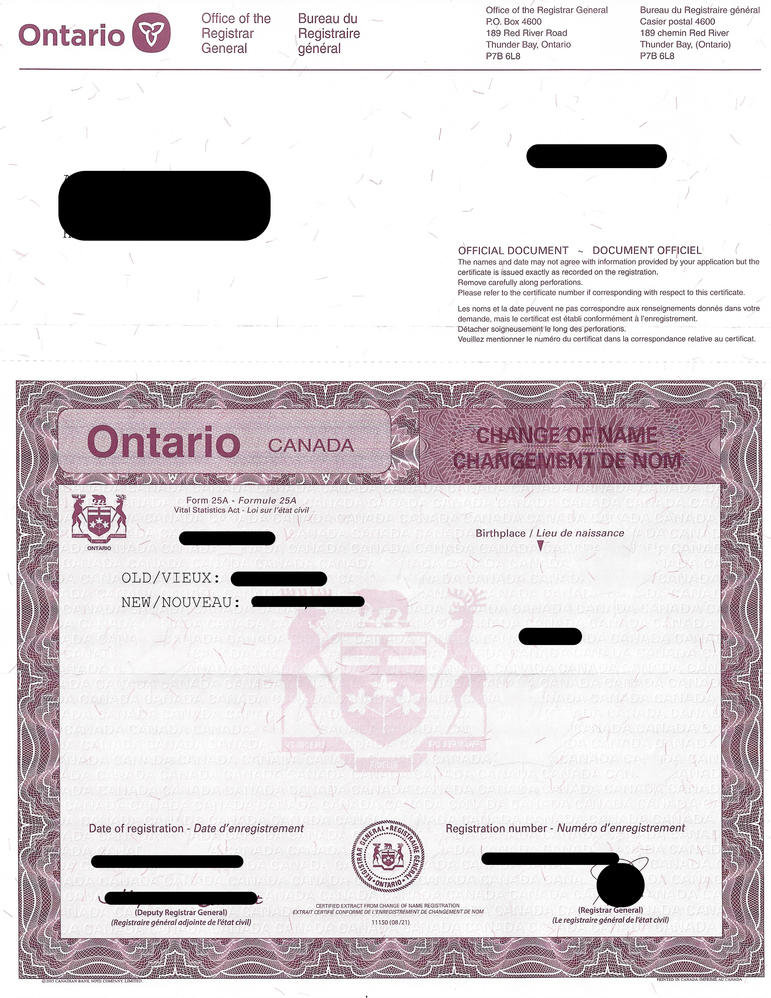 Image of a sample name change certificate with sensitive detailed redacted